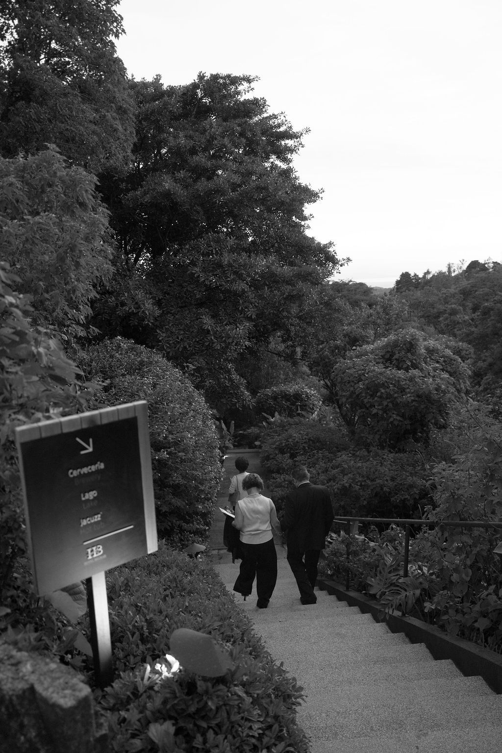 Wedding guests walking through lush gardens during an evening celebration in Monteverde