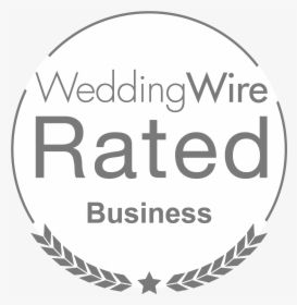 WeddingWire Rated Business badge, a gray circular seal with laurel wreath and star emblem.