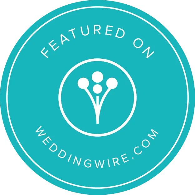 Teal circular badge featuring Featured on WeddingWire.com text with a floral bouquet icon in white.