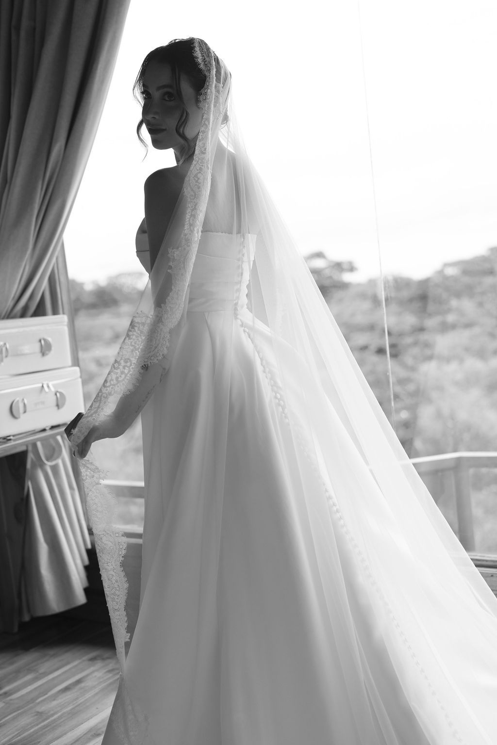 Black and white bridal portrait with a lace veil during a Monteverde wedding
