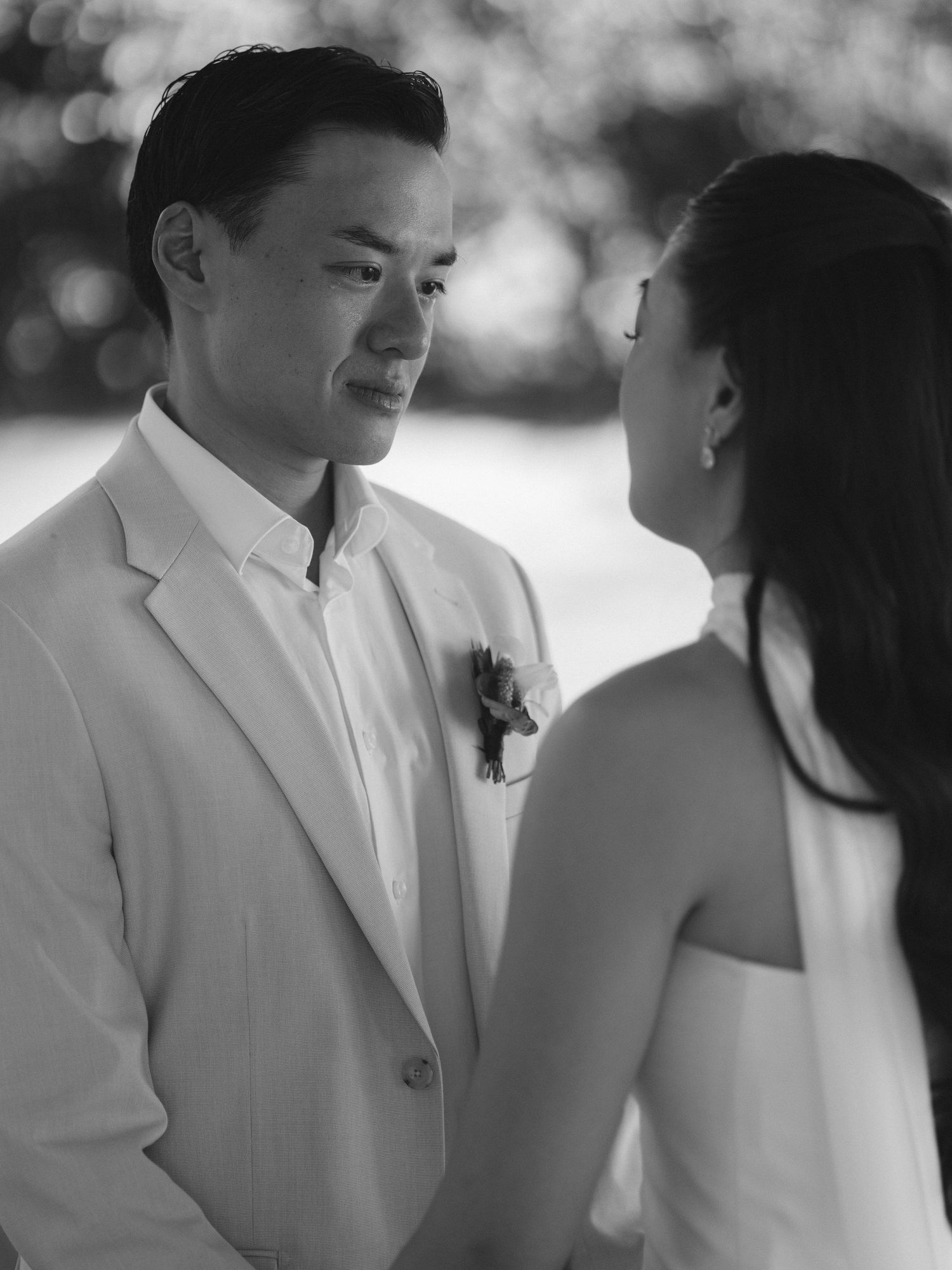 Ashley and Ryan sharing an emotional moment during their wedding first look at Hacienda Pinilla