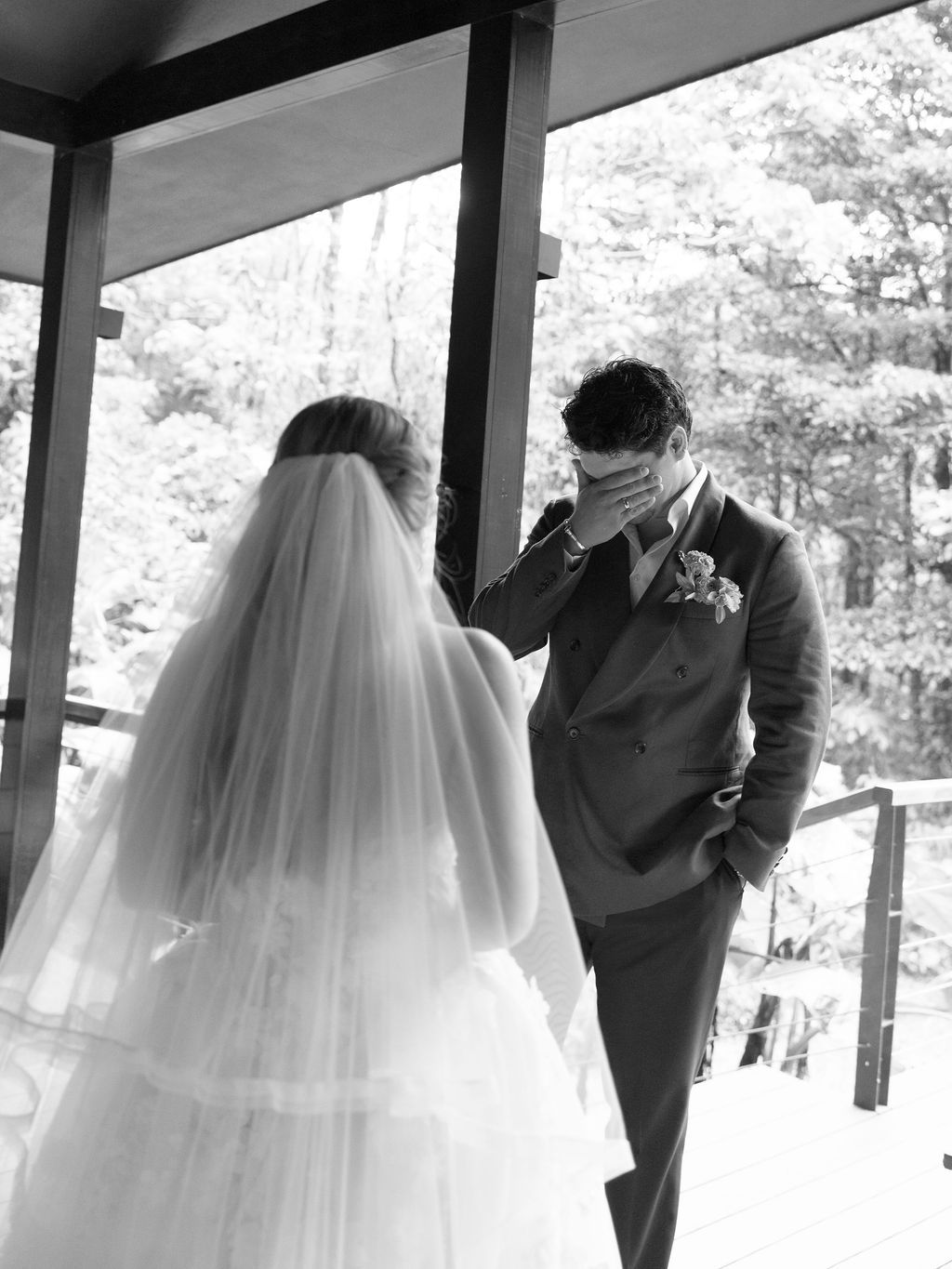 Groom reacting emotionally during the first look at a rainforest wedding in Costa Rica