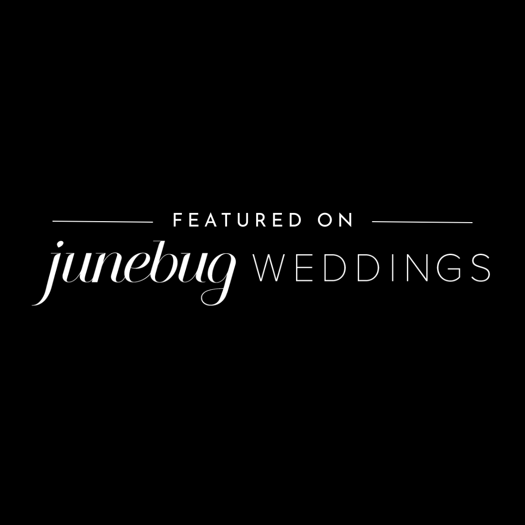 Featured on Junebug Weddings badge, elegant white script logo on black background.