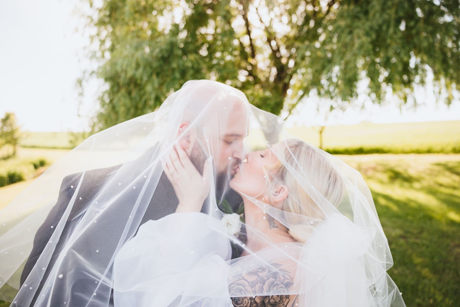 Romantic bride and groom sharing a kiss beneath flowing white veil in golden sunlight outdoors.
