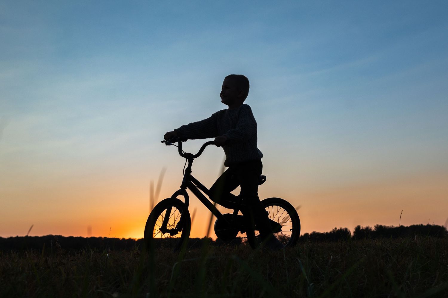 Silhouette of a child riding a bicycle at sunset in an open field.