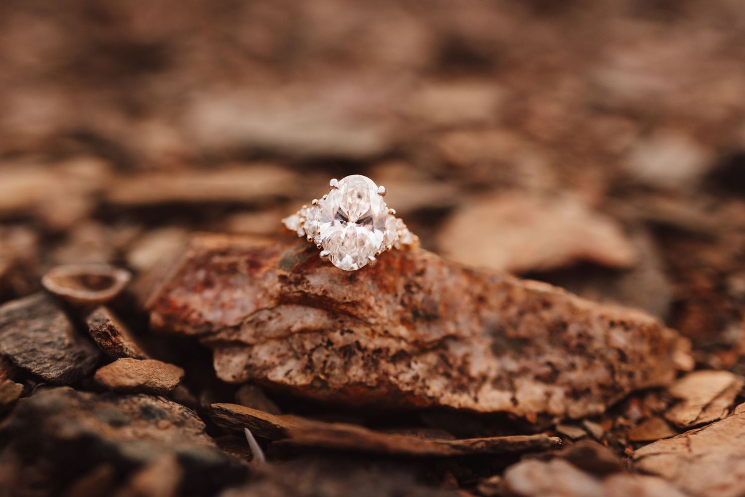 Close-up of an elegant oval diamond engagement ring resting on rustic brown rocks and autumn leaves.