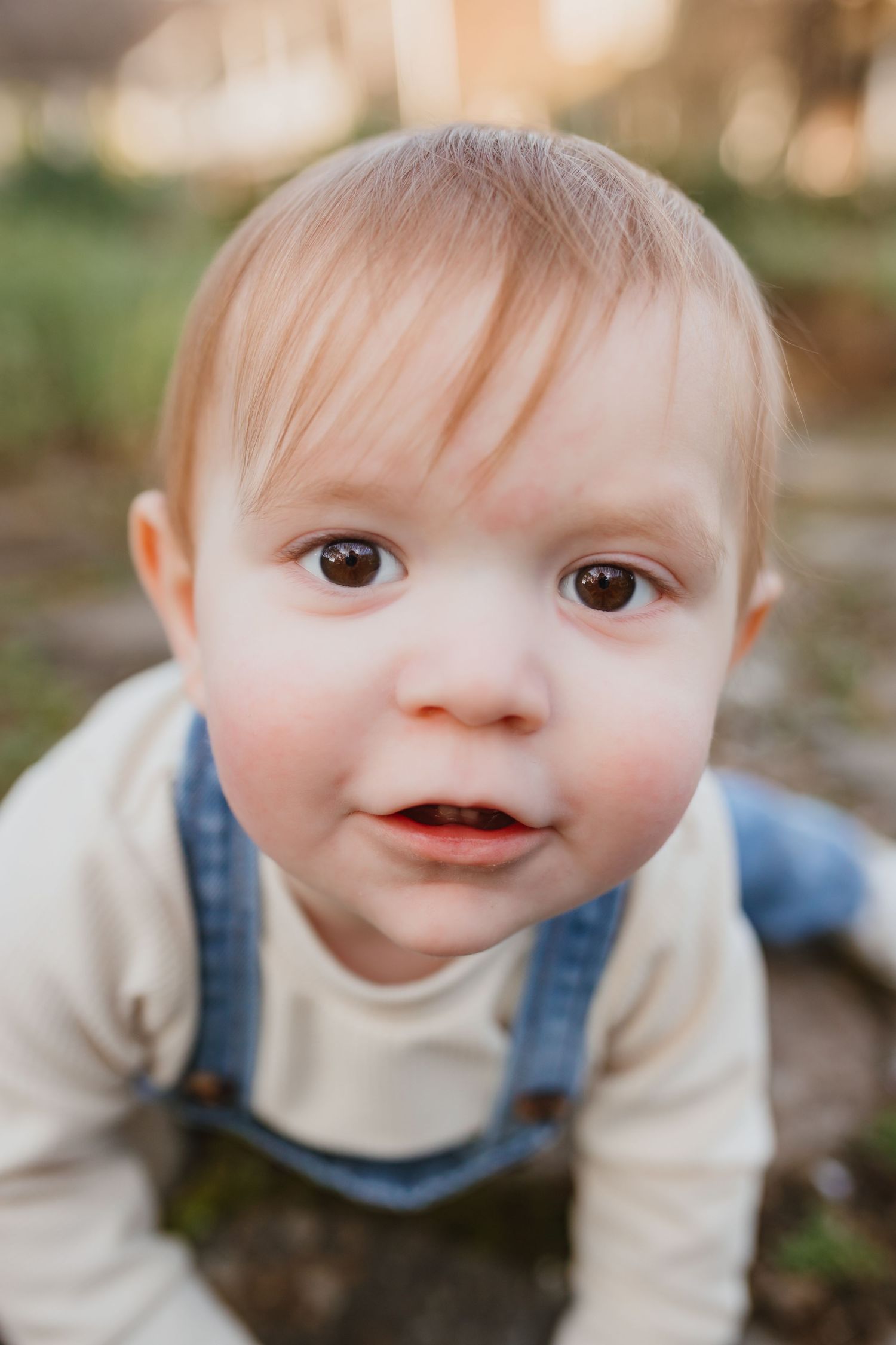 Close-up portrait of a cute baby with brown eyes wearing denim overalls crawling outdoors.