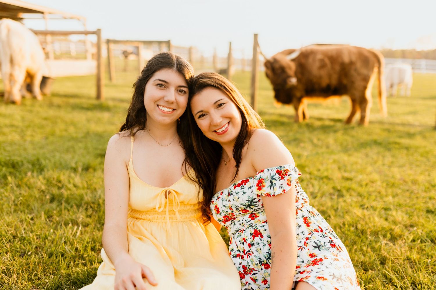 Two smiling young women sitting on grass at sunset with a bison grazing in the background.