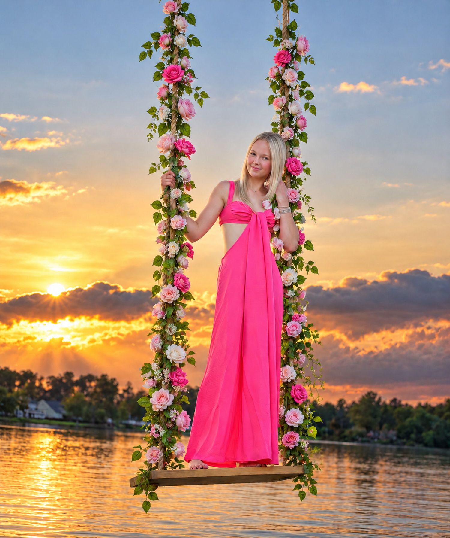 Blonde woman in a long pink dress standing on a flower-covered swing over a lake at sunset with a colorful sky.