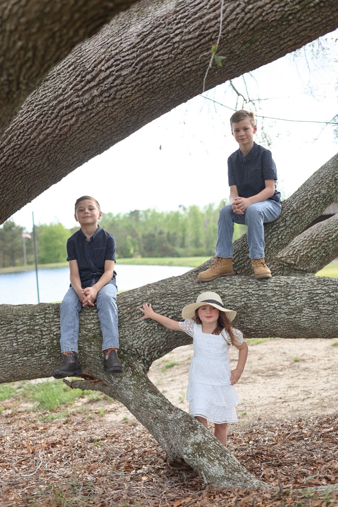 Two boys sit on oak tree branches while a young girl in a white dress and sun hat stands below near a peaceful pond.