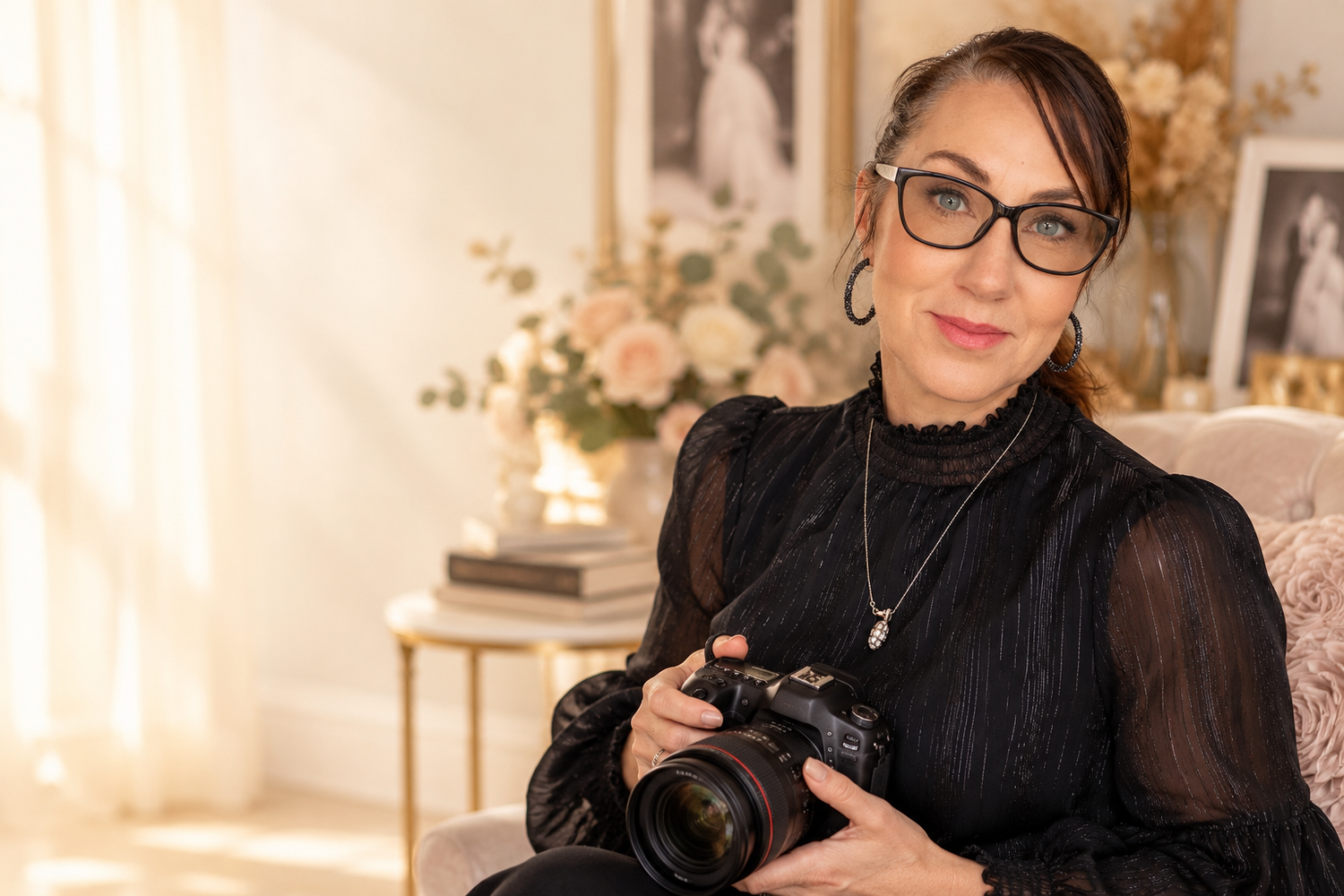 Woman in black blouse and glasses holds a professional camera while sitting in a bright room with fresh flowers.