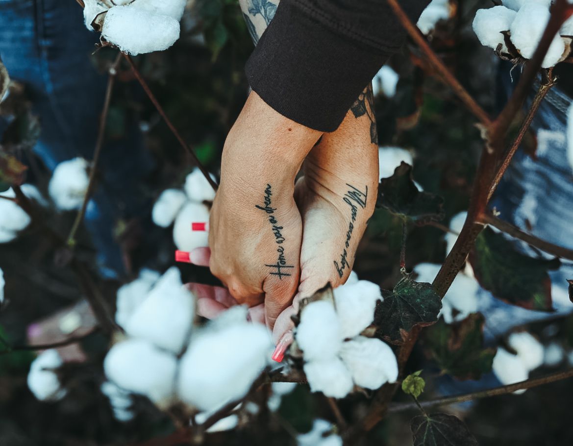 Close-up of two hands with small tattoos gently touching white cotton bolls on a plant, with red painted fingernails visible.
