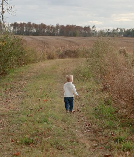 A toddler in a white sweater and jeans walks along a grassy path beside a golden field toward a distant tree line.