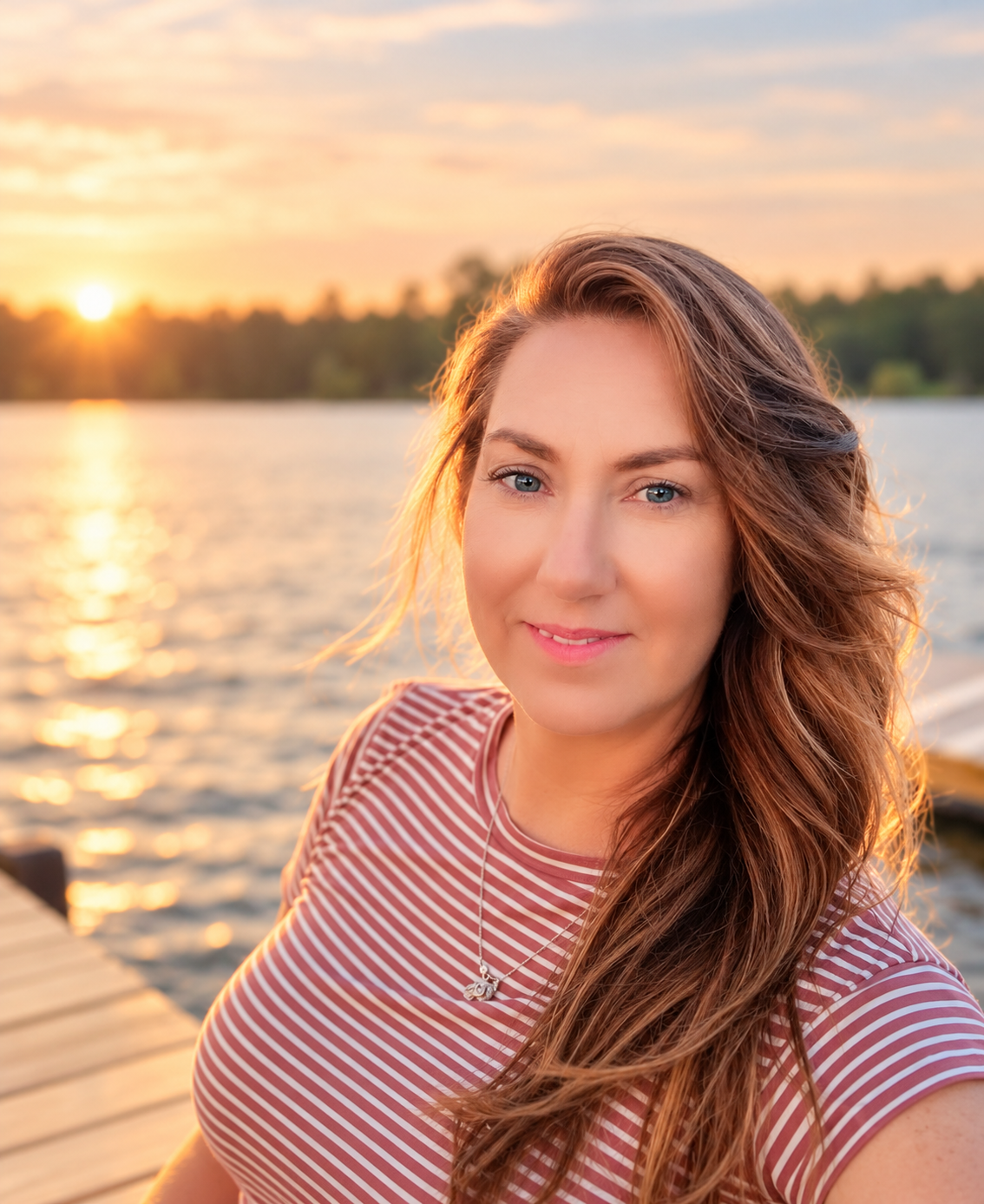 Smiling woman with long auburn hair and a striped top posing on a wooden dock beside a lake at golden sunset.