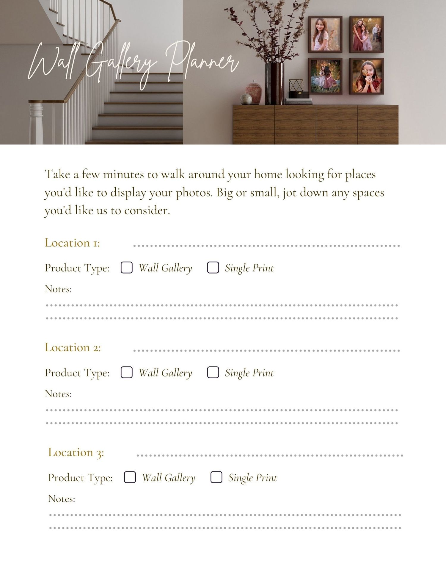 A grid layout paper planner template shows multiple blank sections for organizing wall gallery and print locations.