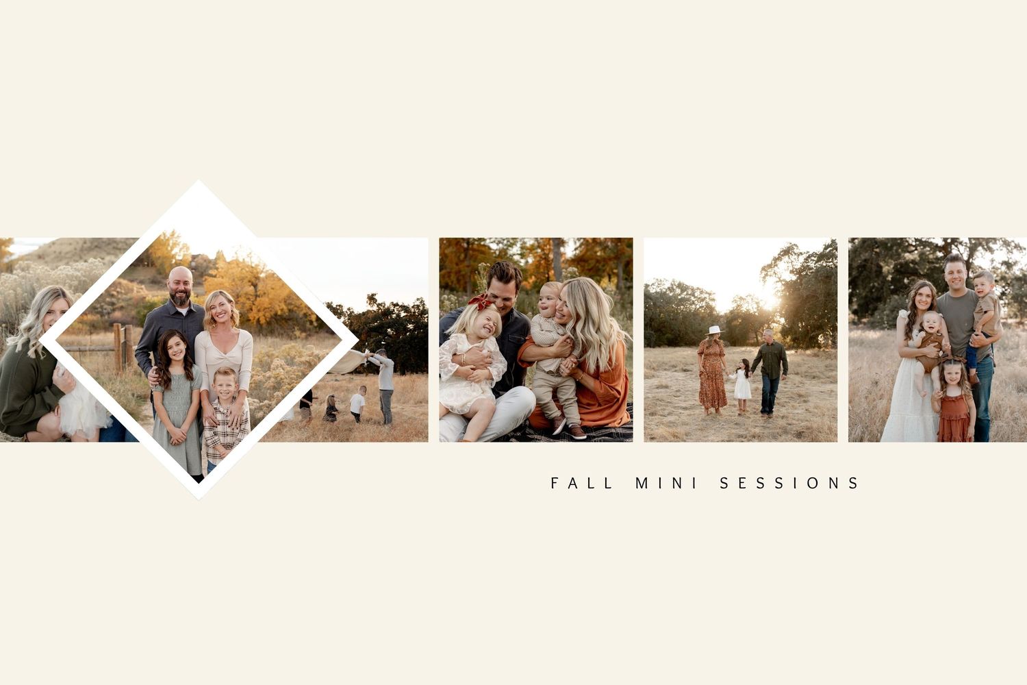 Fall mini photography session collection showing couples posing outdoors during golden sunset light.