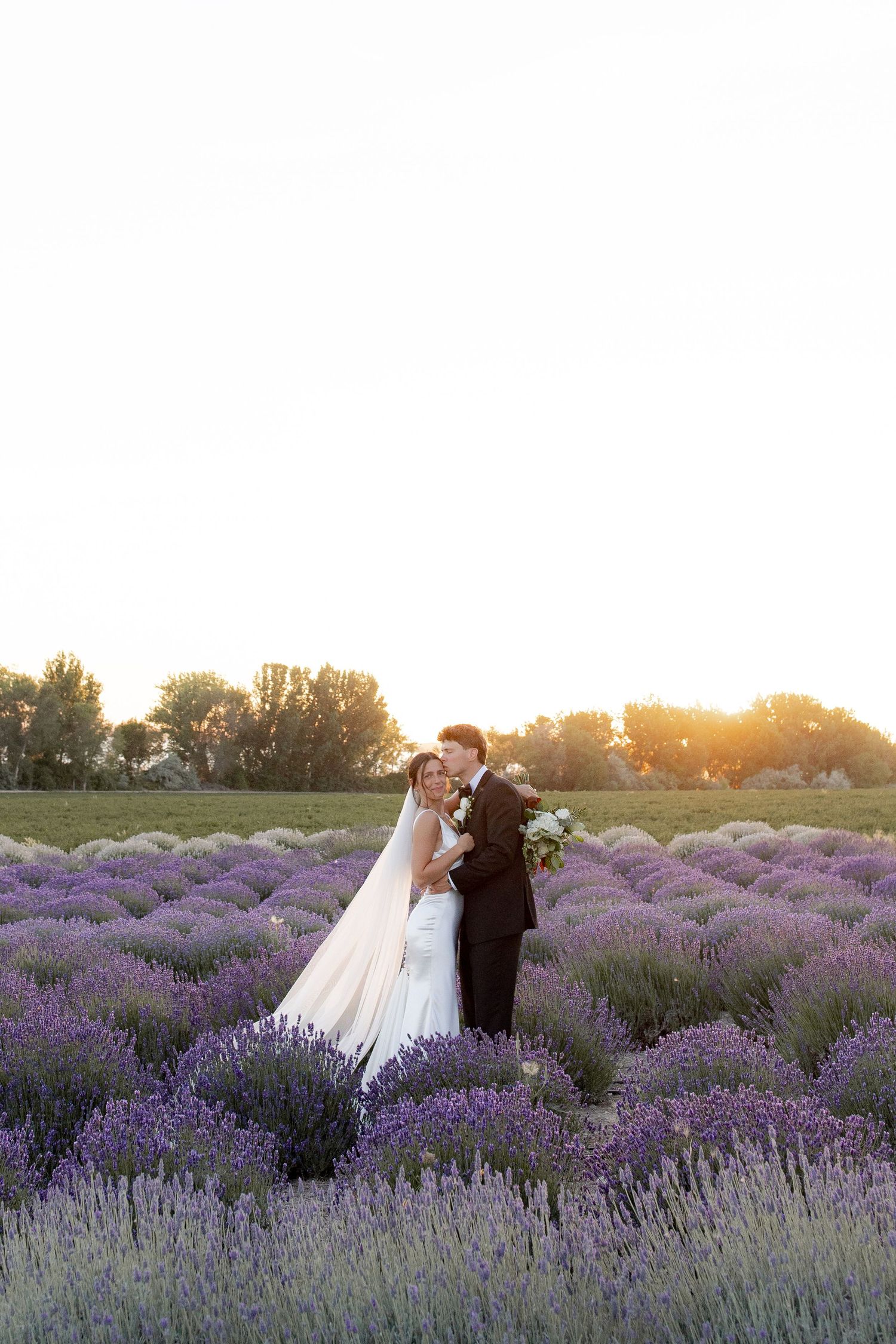 Bride and groom embracing in a blooming lavender field at golden hour sunset.