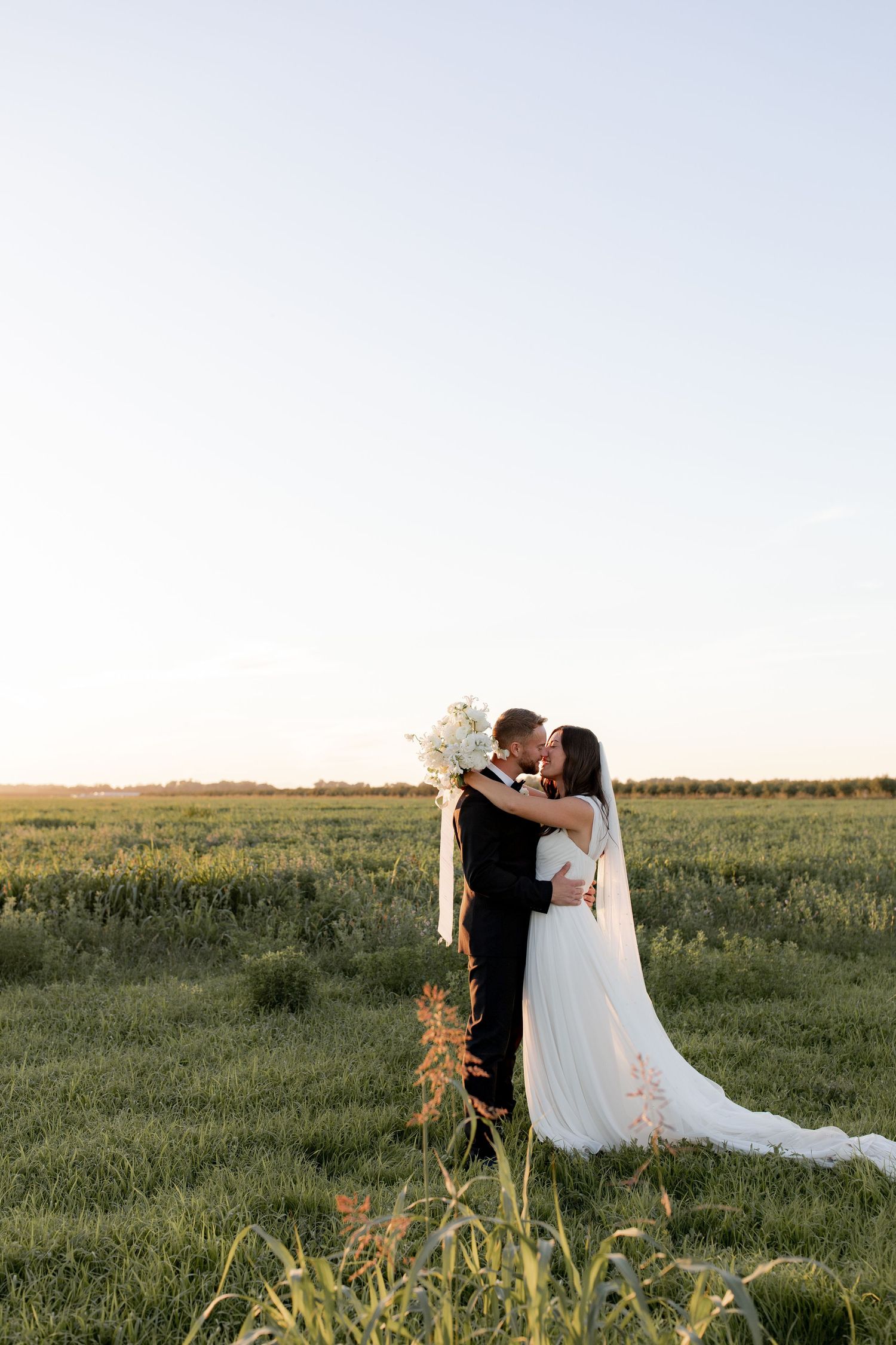 A couple shares a romantic embrace in a sunlit field with tall grass and a flowing white wedding dress.
