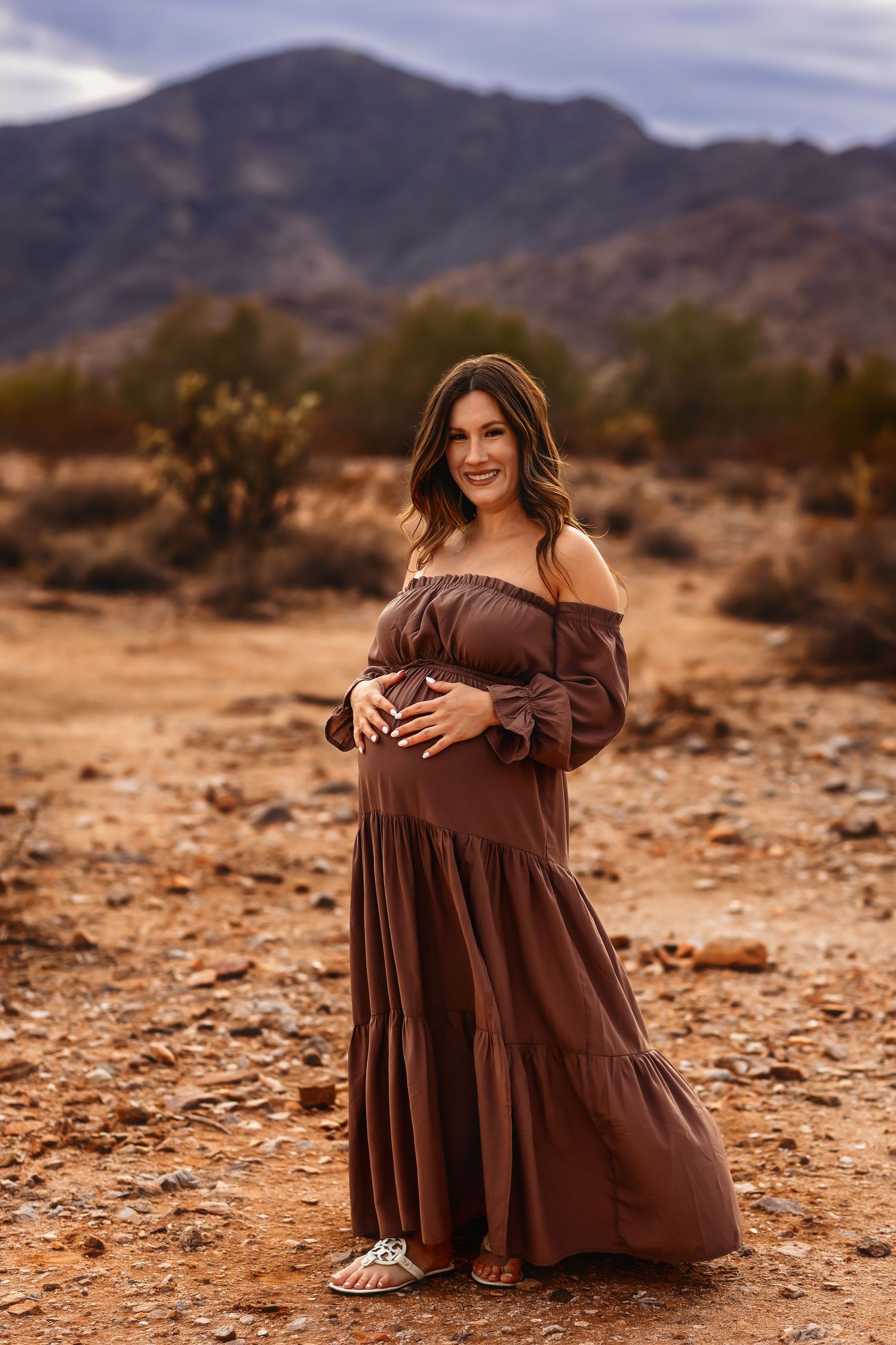 A maternity photo in a desert landscape with mountains, featuring a brown off-shoulder maxi dress at golden hour.