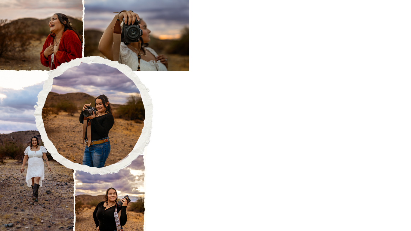 Collage of outdoor desert photography shots arranged in circular layout.