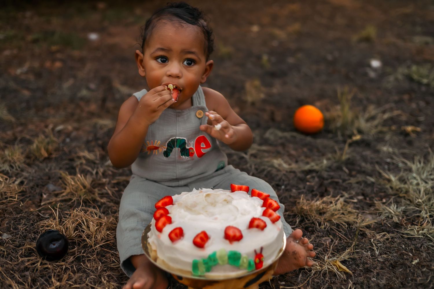 Small child sitting outdoors with a decorated white birthday cake with red flowers.