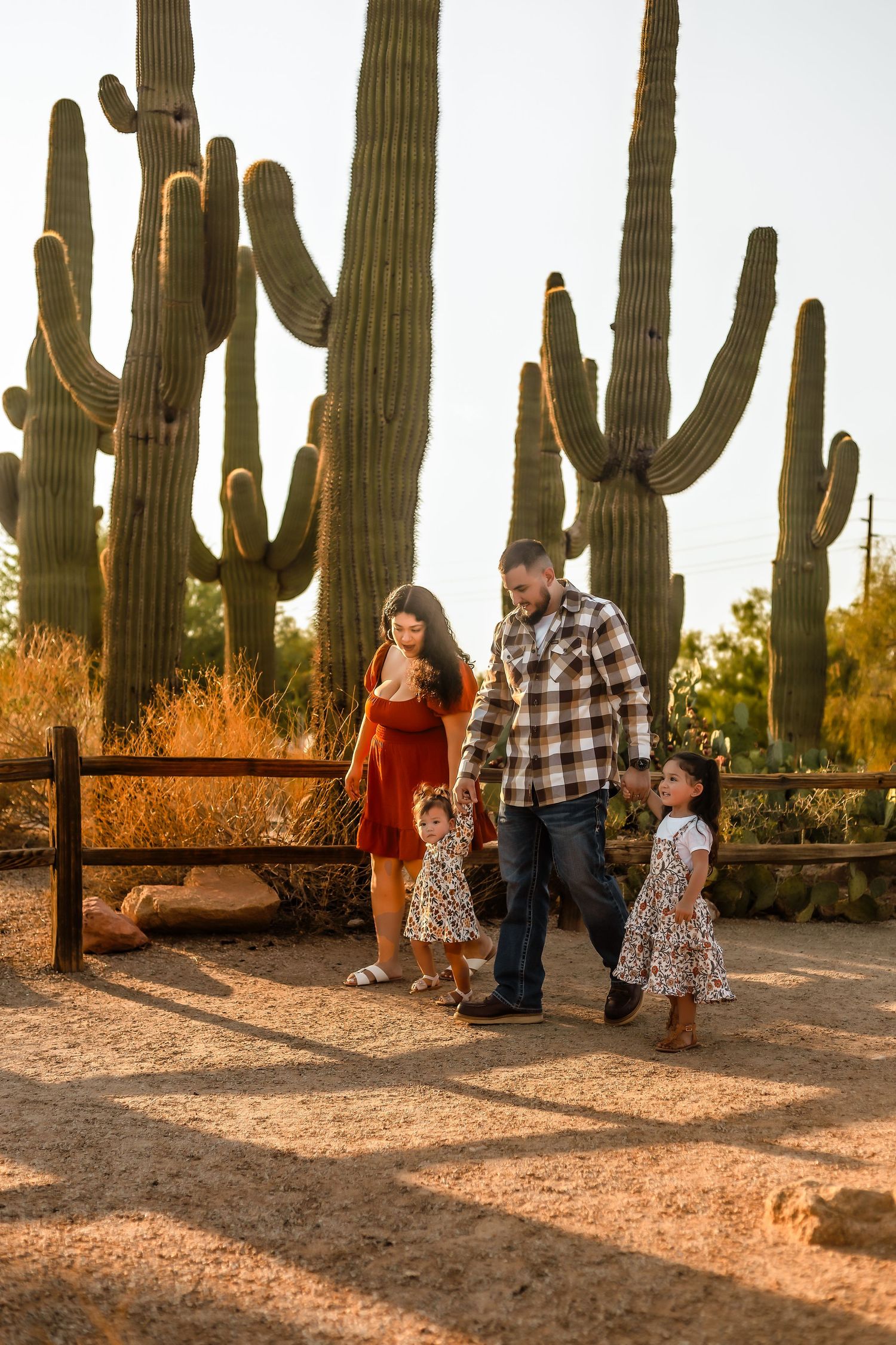 A family walks together on a desert path surrounded by tall saguaro cacti at sunset in Gilbert Arizona.