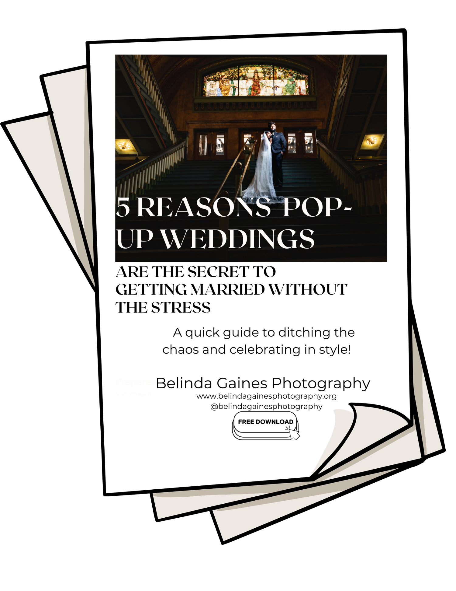 A cover photo for an ebook titled '5 Reasons Pop-Up Weddings Are The Secret To Getting Married Without The Stress'.