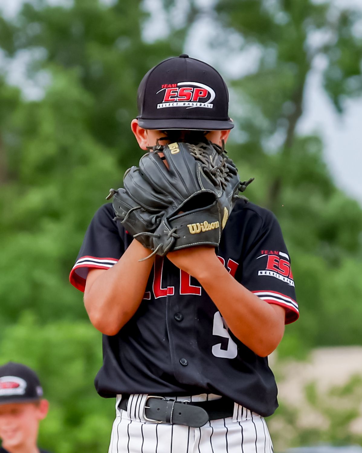 Baseball player in black jersey and cap winds up for pitch during game with green trees in background.