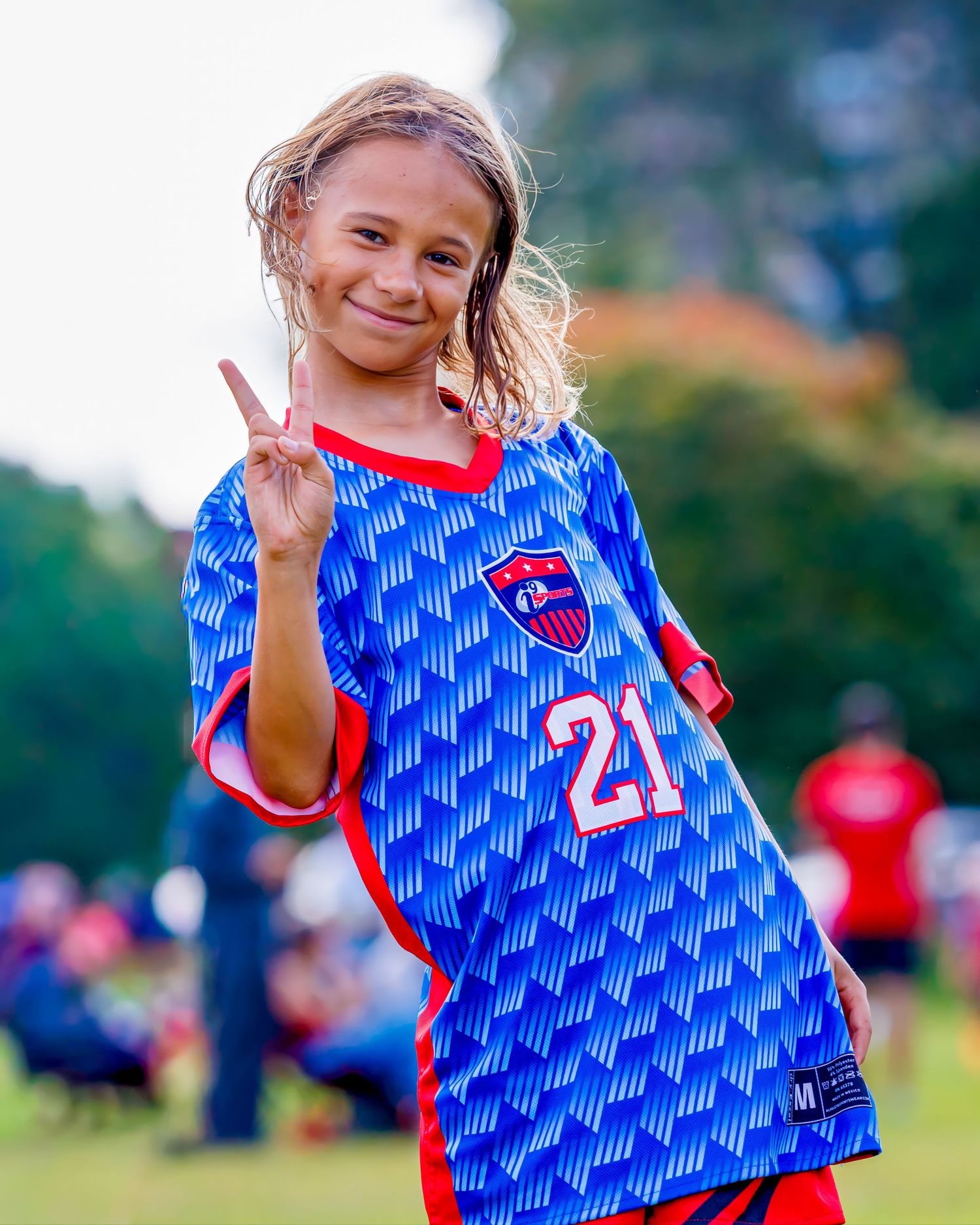 Player in blue and red jersey uniform on sunny soccer field.