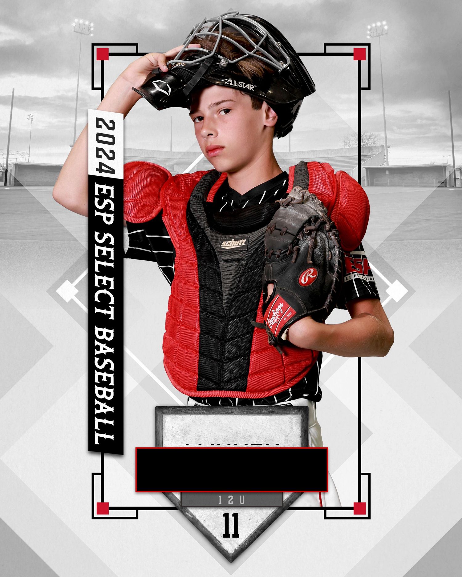 Baseball catcher in red and black gear crouching in defensive position against black and white background.