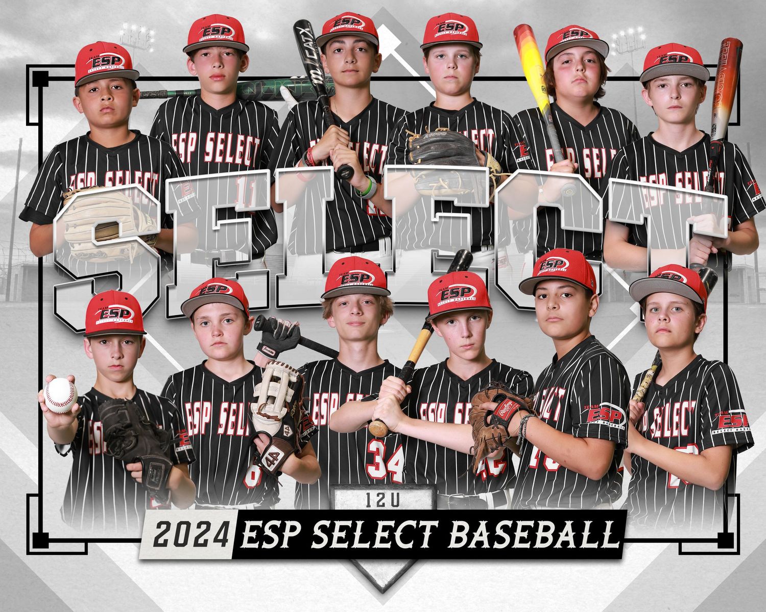 Youth baseball team poses for official team photo in black uniforms.