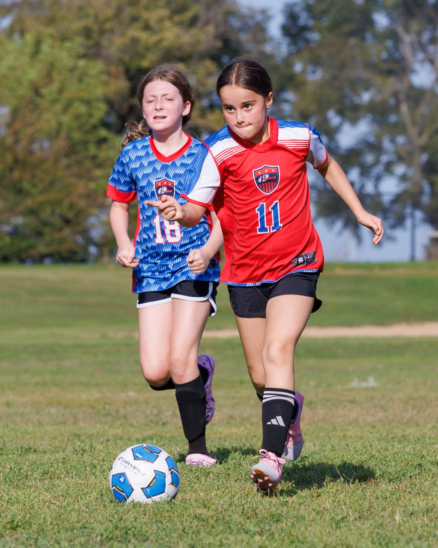 Two girls in soccer uniforms, numbers 11 and 18, compete for the ball on a sunny green field.