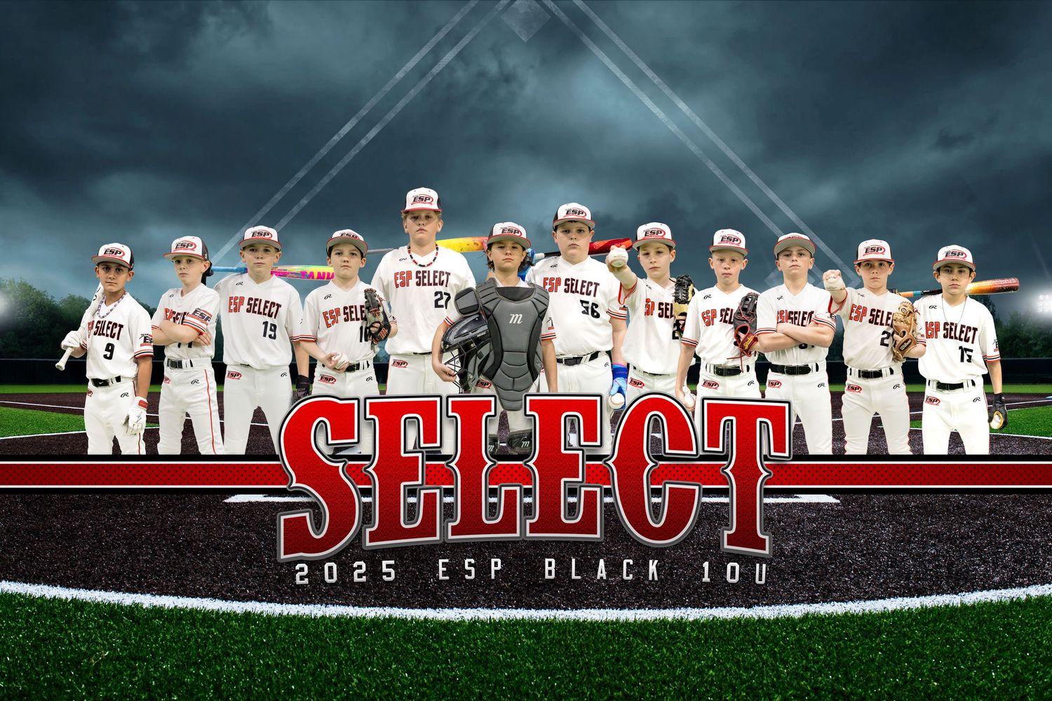 Baseball team players in white uniforms pose for group photos on a baseball field during a photo session.