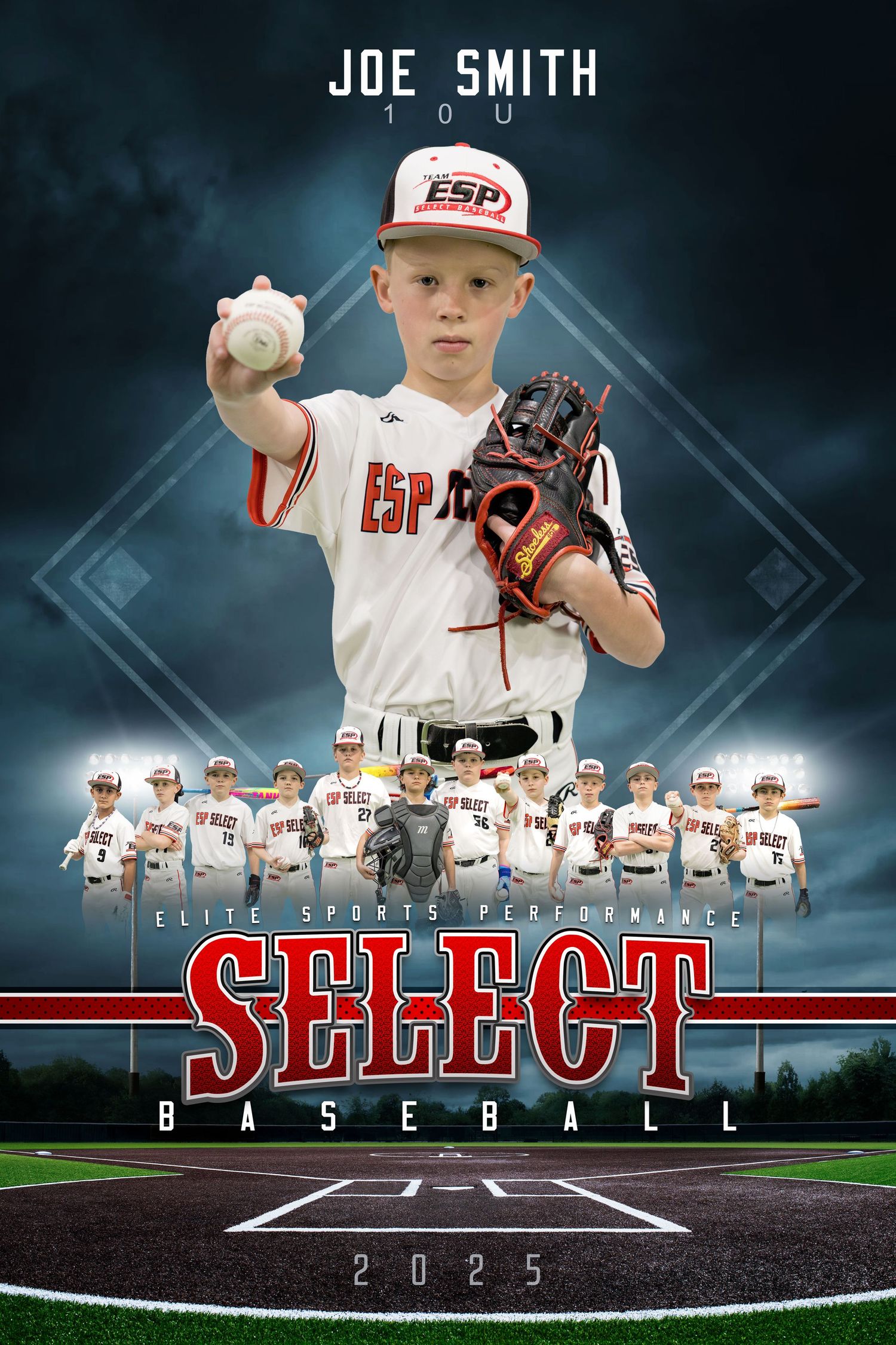 Baseball sports banner design featuring dramatic lighting, team photos, and Select 2025 branding on a baseball field background.