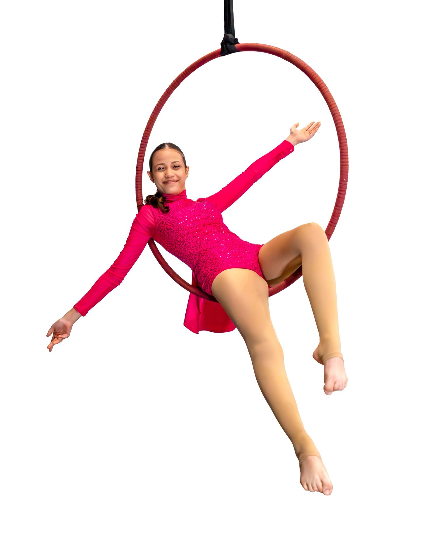 A sequence of aerial dance moves showing a person in a pink leotard spinning through different poses in a circular hoop.