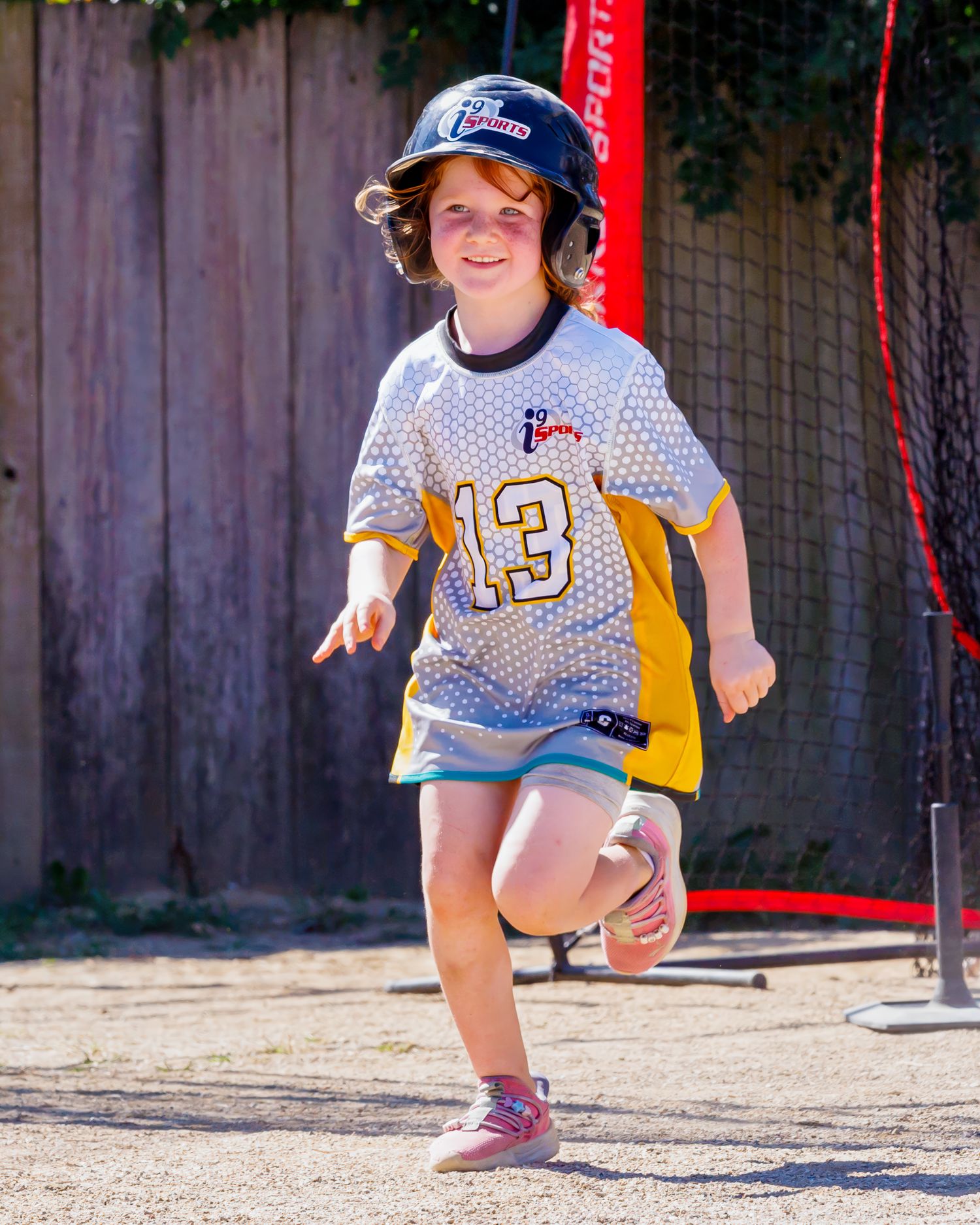 A sequence of action shots shows a young baseball player swinging a bat during practice in a backyard setting.
