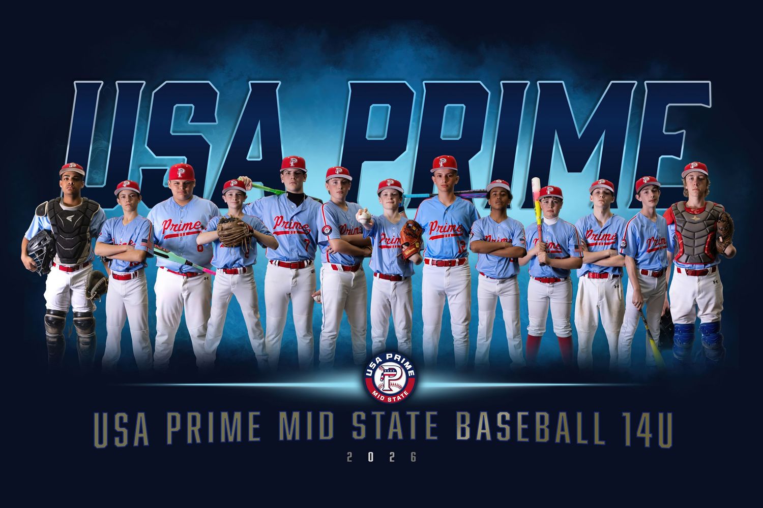 USA Prime Mid State Baseball 14U team photo with players in red and blue uniforms posed against a dark blue background.