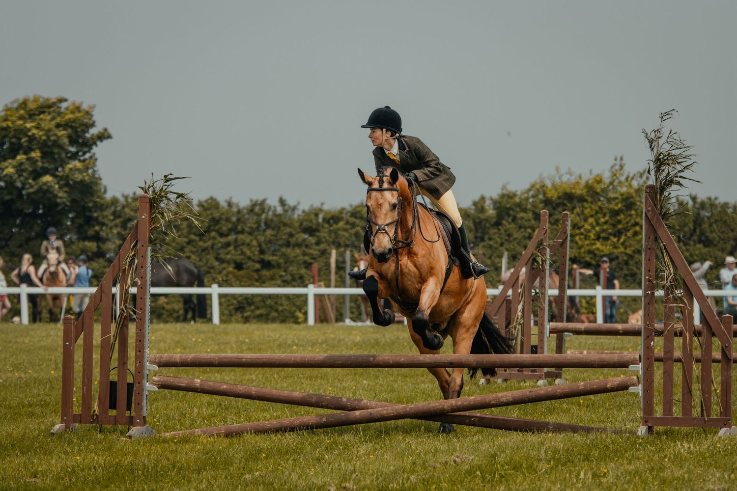 Horse and rider clearing a wooden jump obstacle during an equestrian competition.