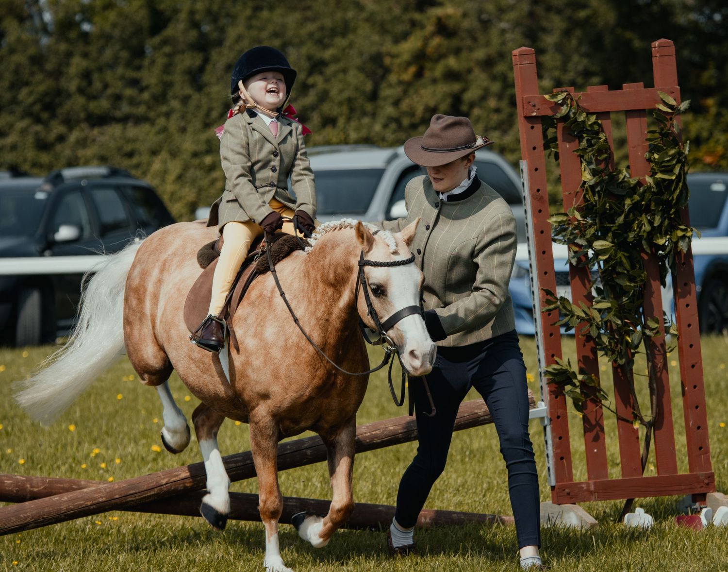 A palomino pony and handlers approaching a jump obstacle during training.