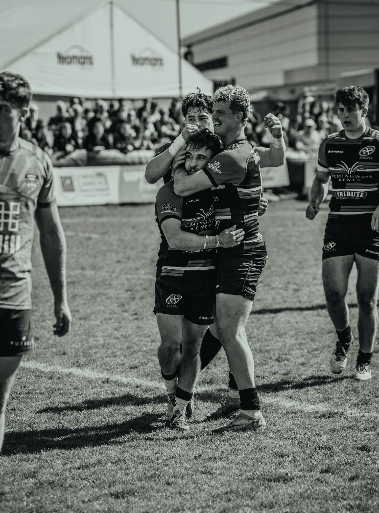 Rugby players celebrate together after scoring during a match with spectators in background.