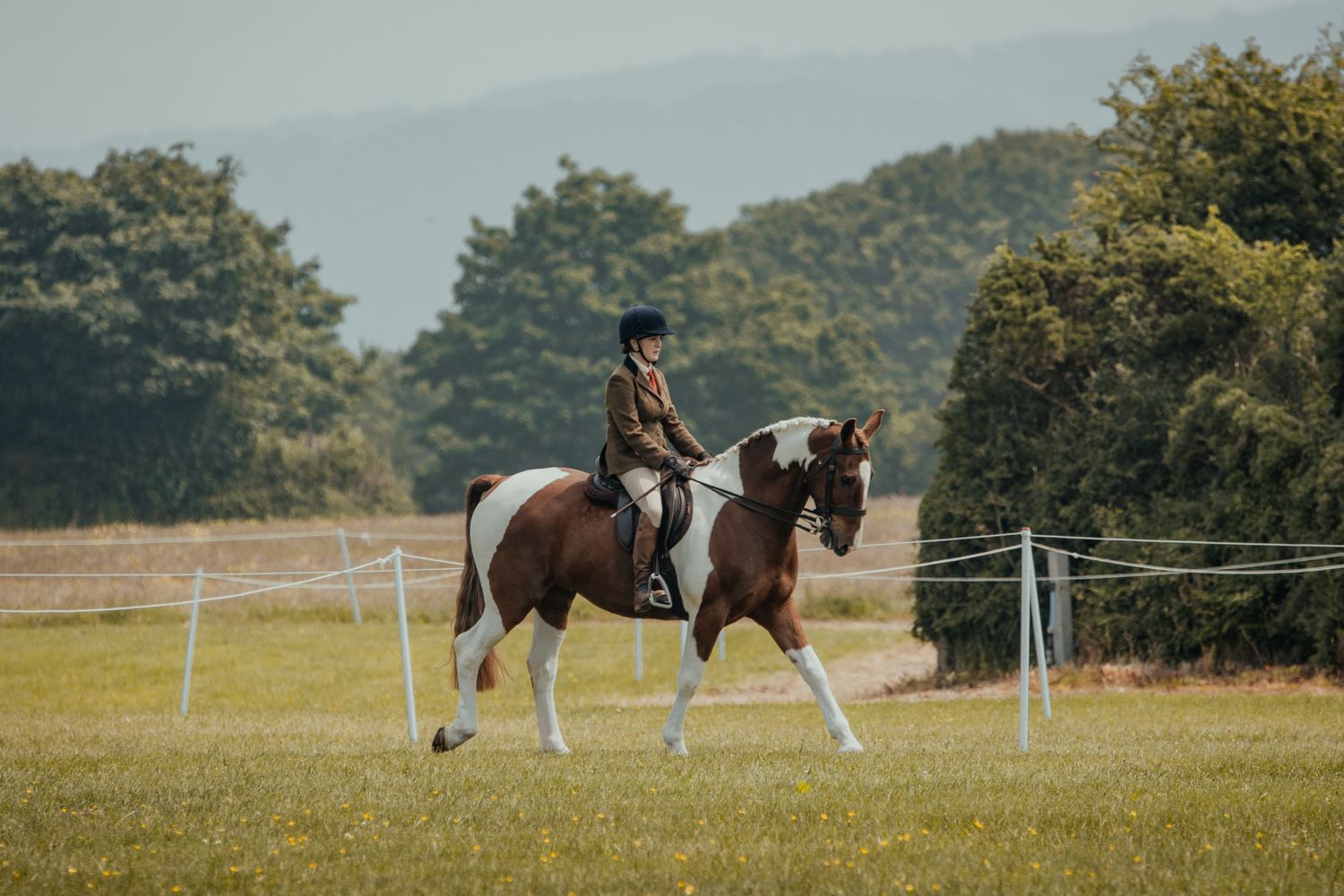 Paint horse and rider performing dressage movements in outdoor arena with mountains in background.