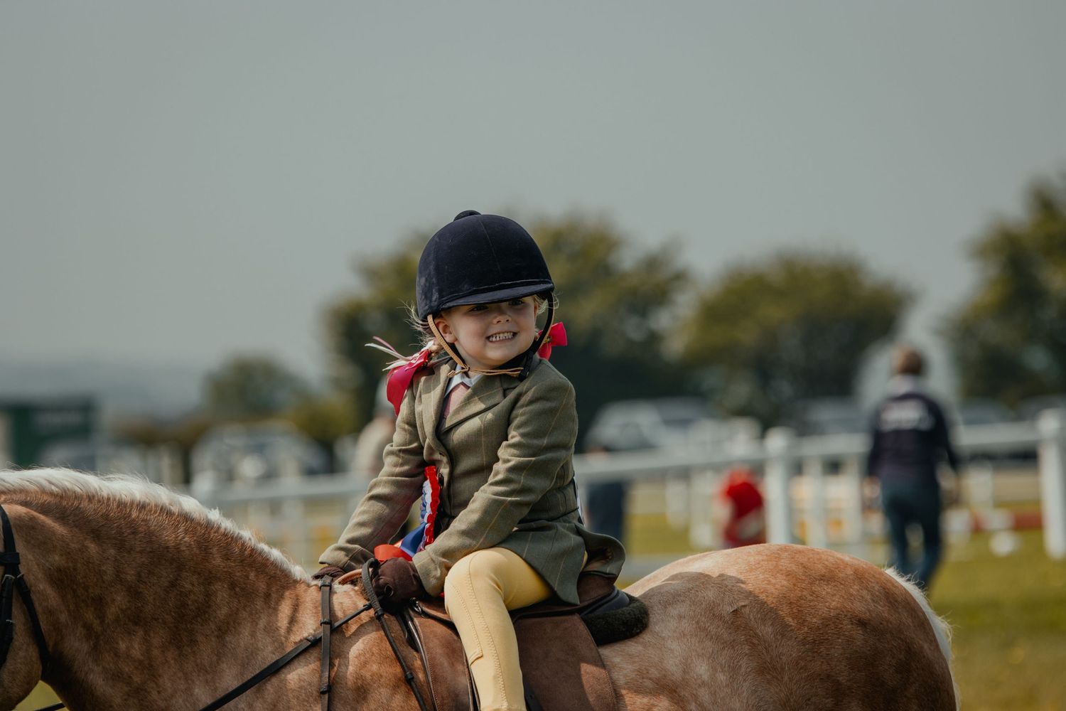 A rider in formal equestrian attire aboard a brown pony at a horse show.