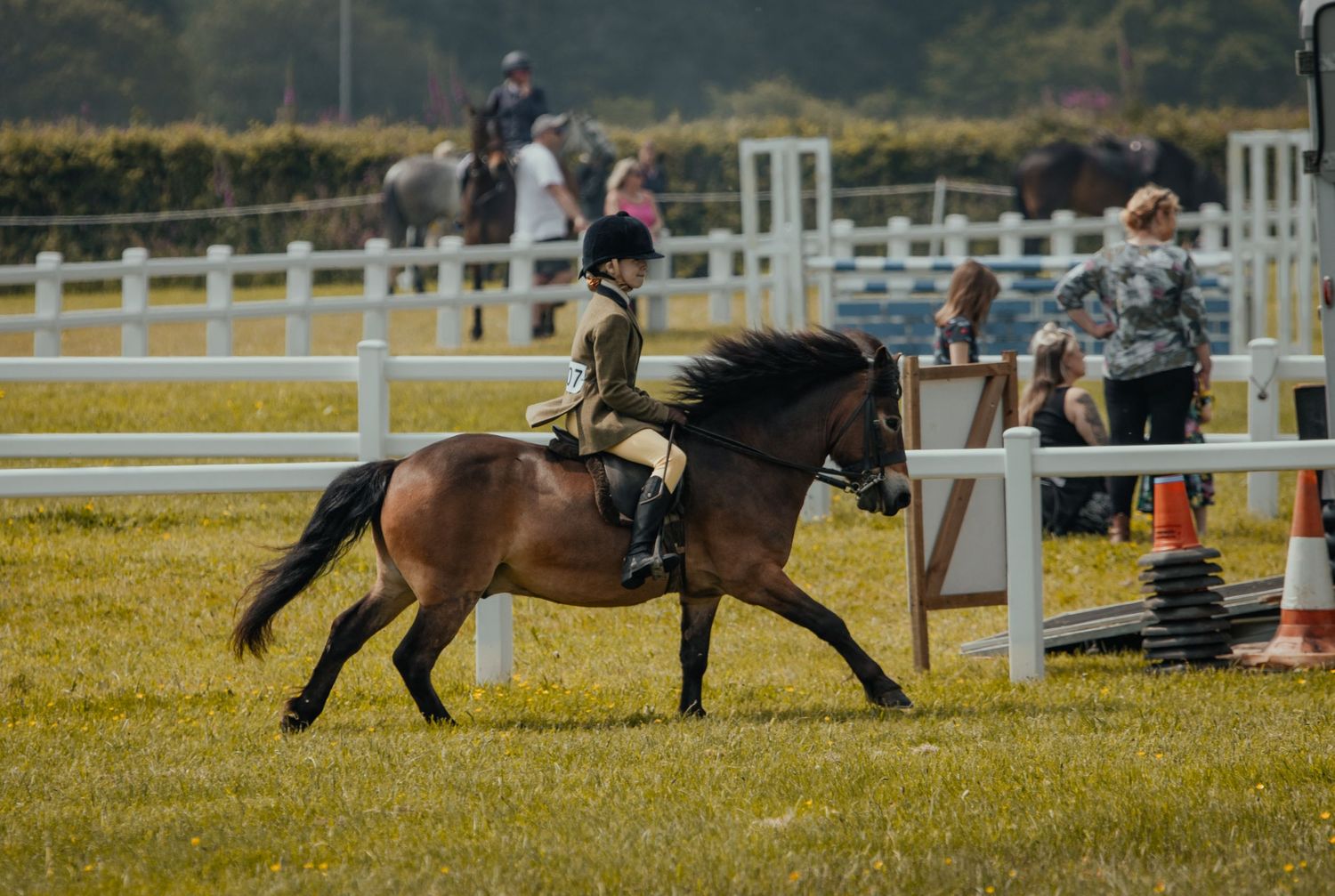 A horse and rider performing in a competitive equestrian event with spectators along the fence.