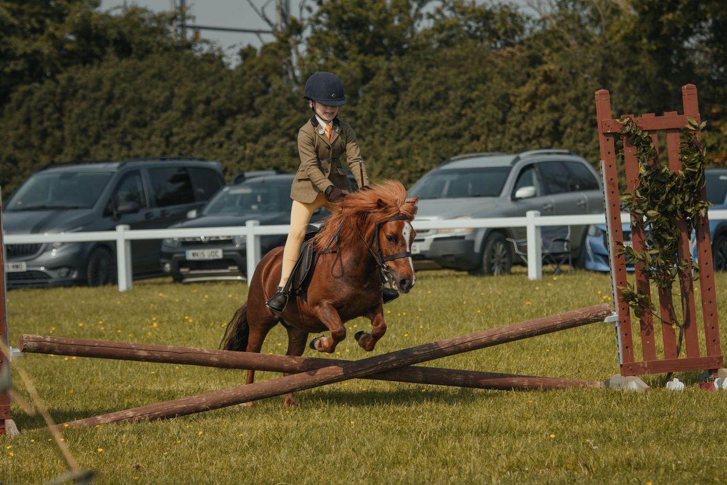 An equestrian and chestnut horse clearing a jump during competition at an outdoor arena.