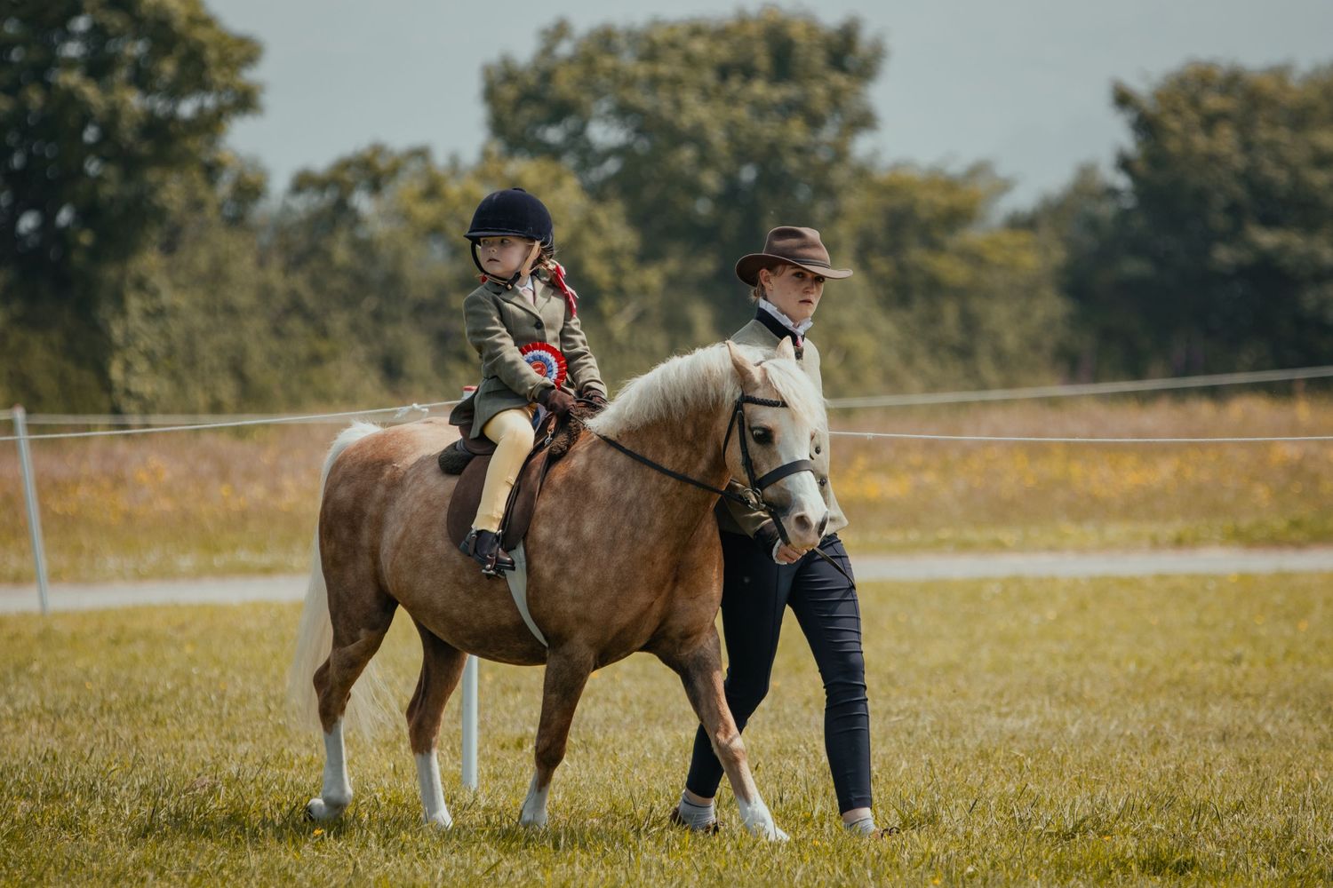 A pony being led around a grassy field during a riding lesson.