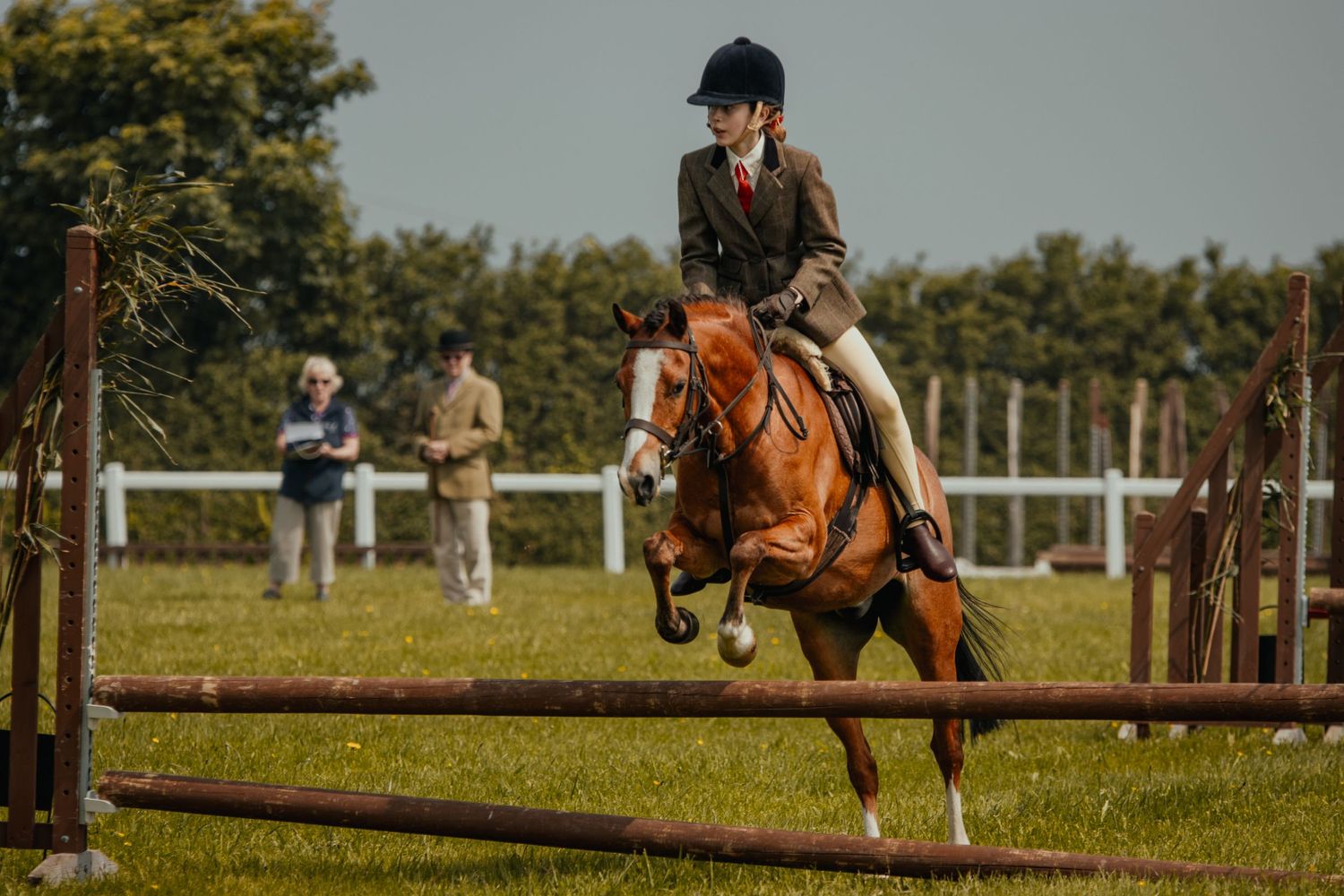 A bay horse and rider jumping over wooden barriers during an equestrian competition.