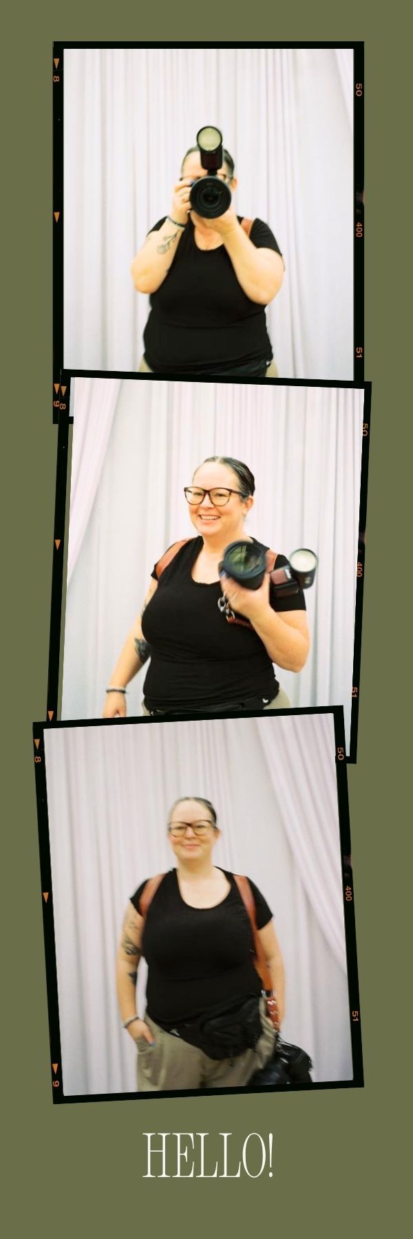 A woman photographer in a black shirt holds a DSLR camera in three film strip style photos saying Hello.