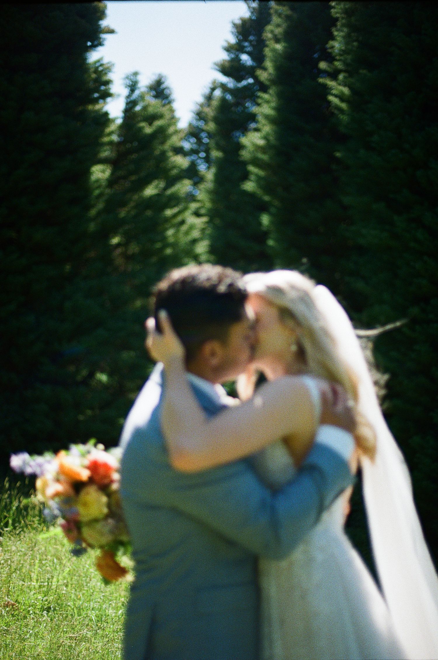 A newlywed couple shares a romantic kiss outdoors, bride holding colorful bouquet, with tall evergreen trees in background.