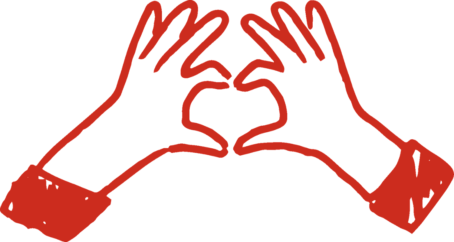 A simple illustration of red hands overlapping and connecting to form a collaborative pattern.
