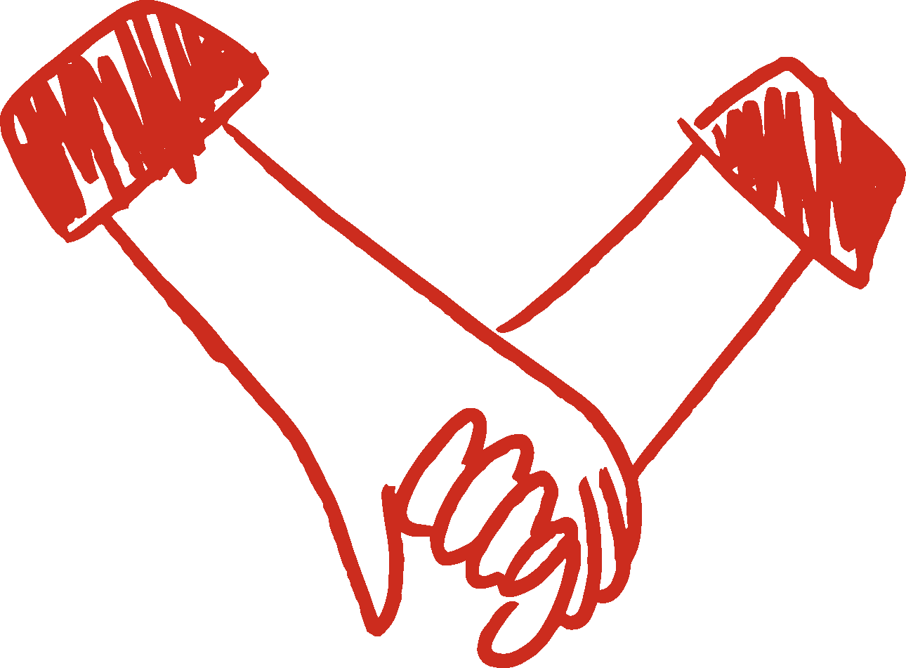 Simple red line drawing of two hands clasped together in unity or solidarity.